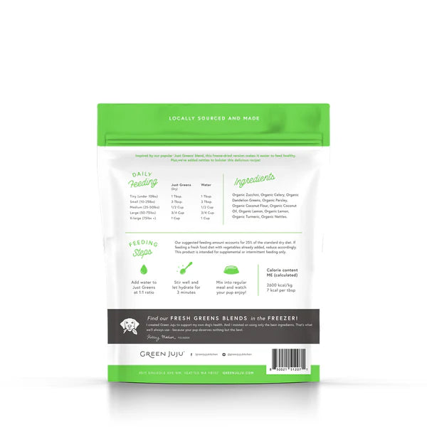 Green Juju pet food packaging with text and branding on a white background