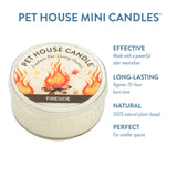 Pet House Mini Candle with label and text about product features on a white background