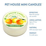 Pet House Mini Candle for fresh citrus scent with product details on a white background