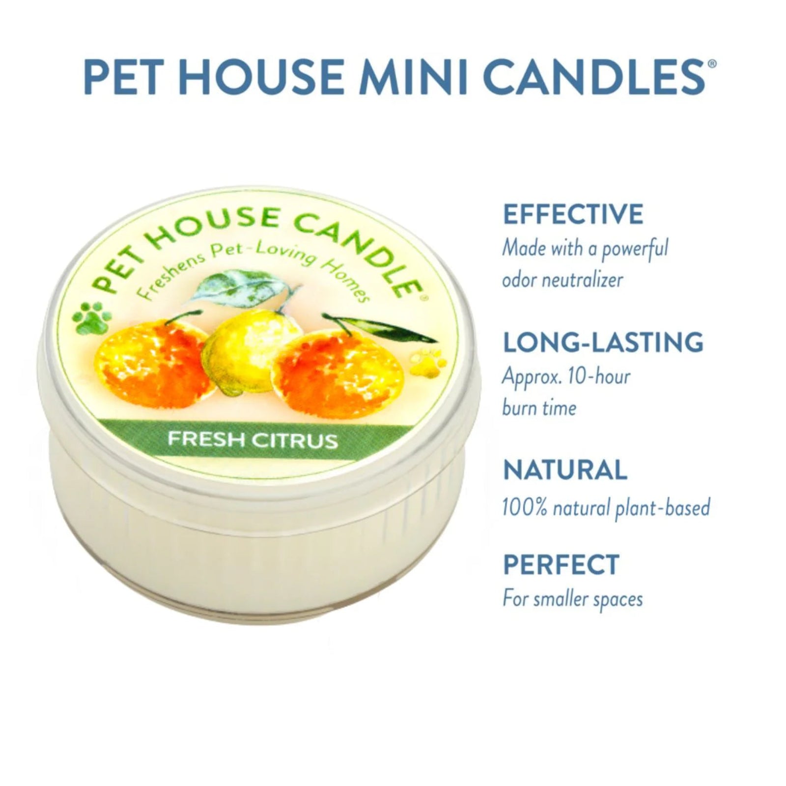 Pet House Mini Candle for fresh citrus scent with product details on a white background