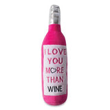 A pink plush dog toy shaped like a wine bottle with a white label that reads 'I LOVE YOU MORE THAN WINE' in pink and black text, set against a plain white background.
