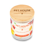 Pet House Candle with wooden lid and 'Falling Leaves' label on a white background