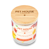 Pet House Candle with wooden lid and 'Falling Leaves' label on a white background