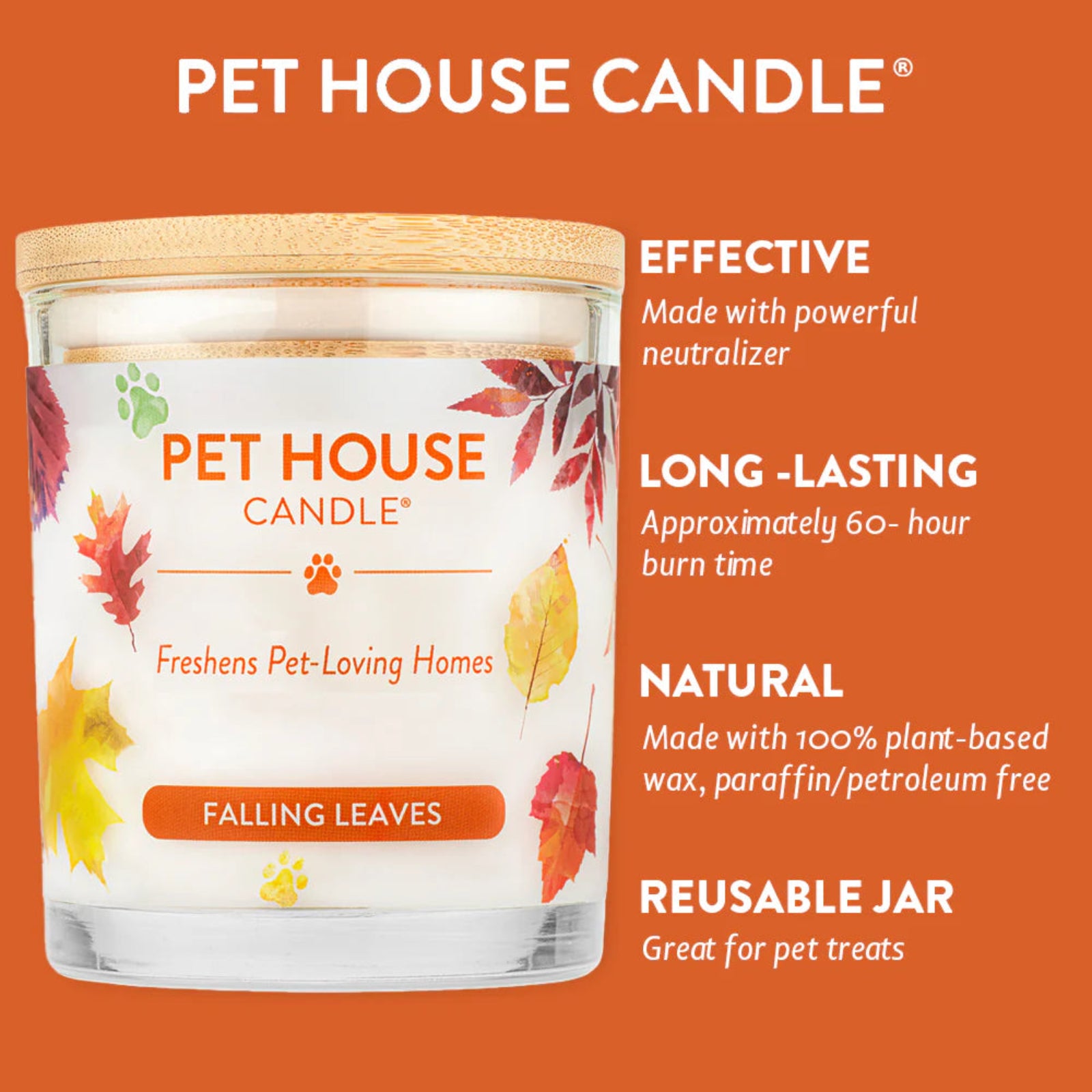 Pet House Candle with fall leaf design on an orange background