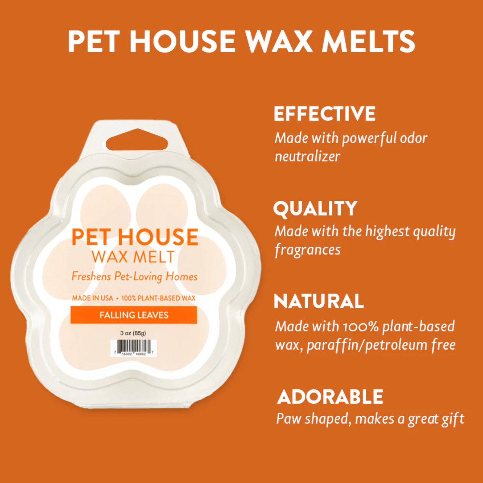 Pet House Wax Melts packaging with product details on an orange background