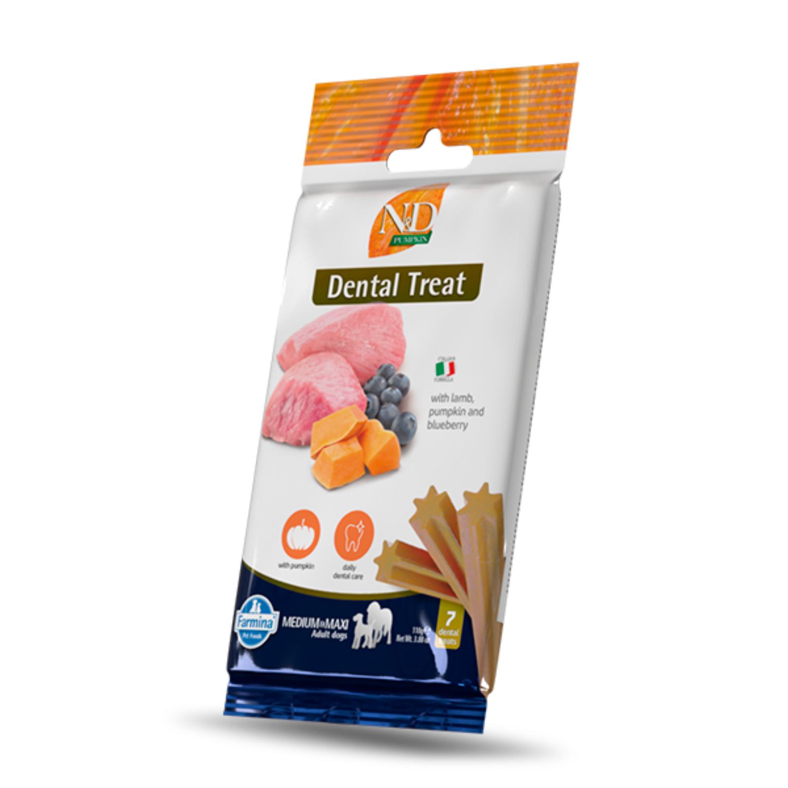 Package of dental treats for dogs with colorful graphics on a white background