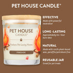 Pet House Candle with features listed on a brown background