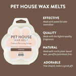 Pet House Wax Melts packaging with features listed on a brown background