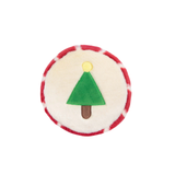 Round red and white object with a green triangle and brown rectangle on a white background