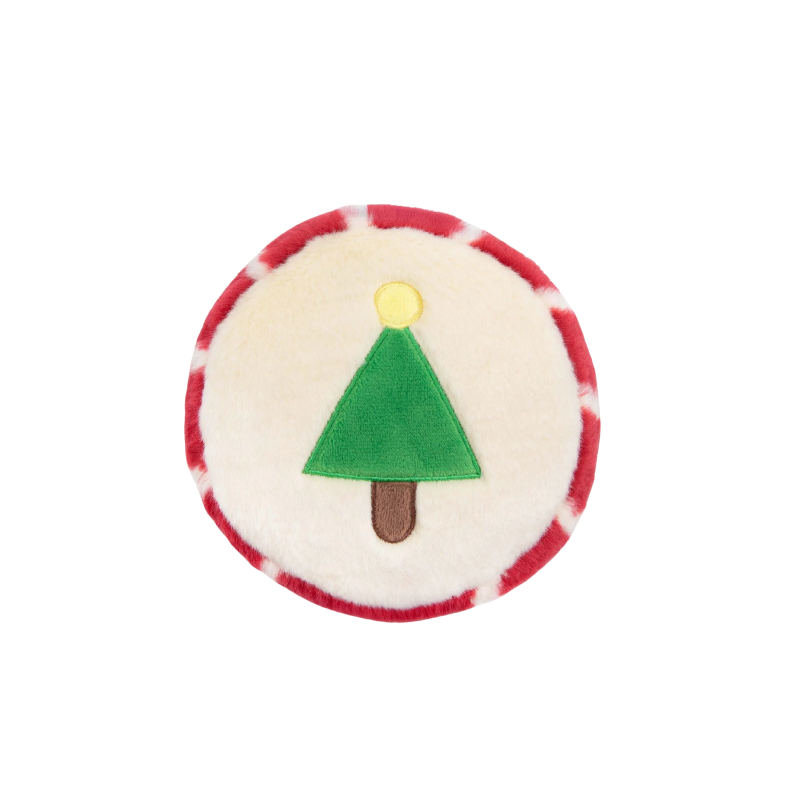 Round red and white object with a green triangle and brown rectangle on a white background