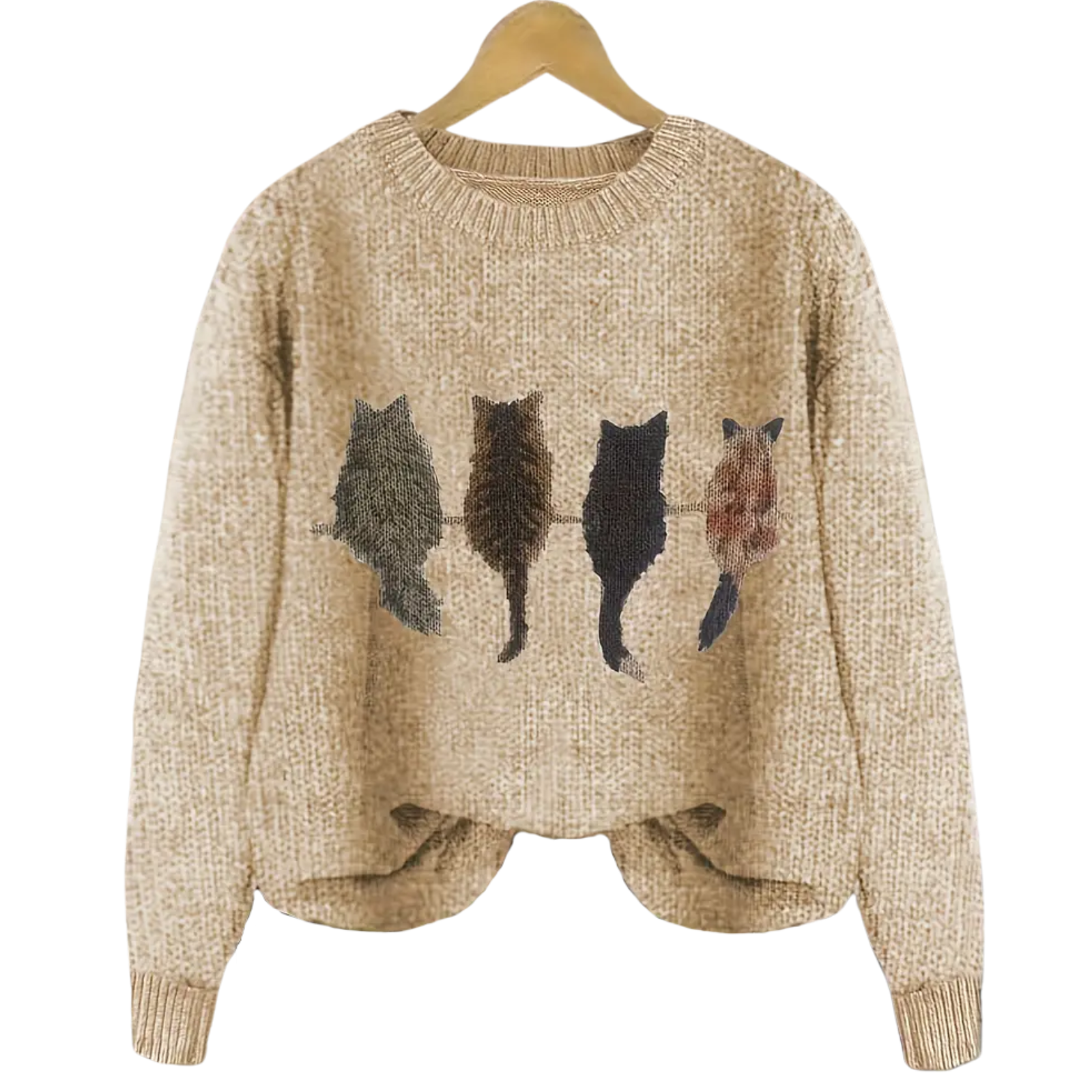 Beige sweater with cat illustrations on a hanger against a white background