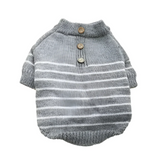 Gray and white striped knitted dog sweater with buttons on a white background