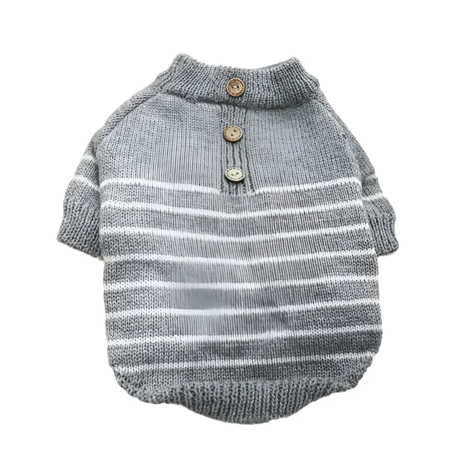 Gray and white striped knitted dog sweater with buttons on a white background