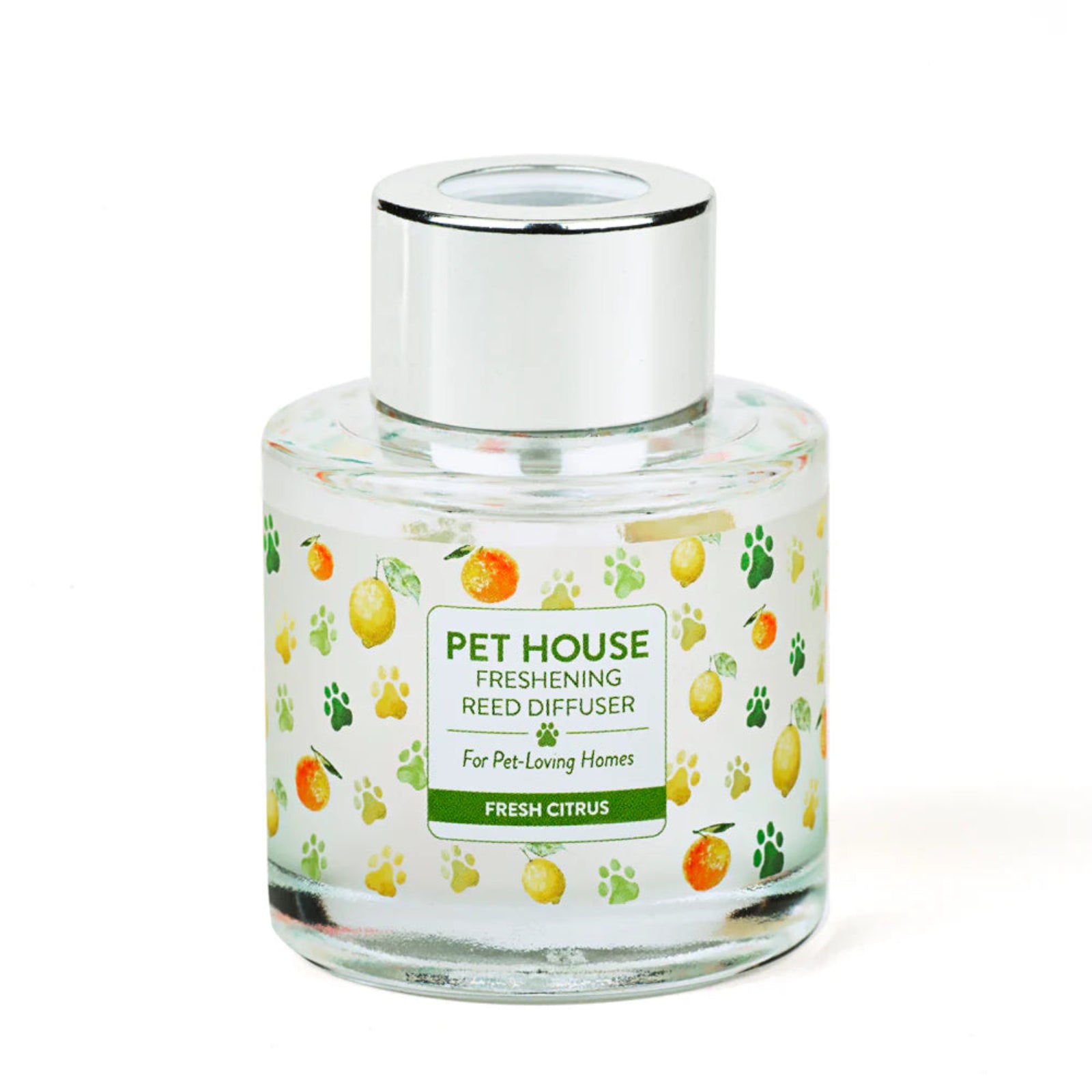 Clear glass diffuser bottle with a colorful label on a white background