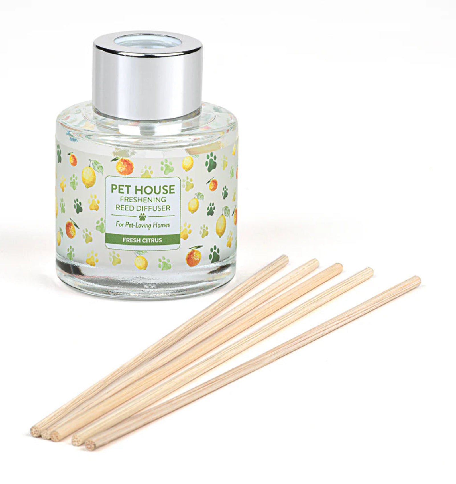 Pet House reed diffuser with wooden sticks on a white background