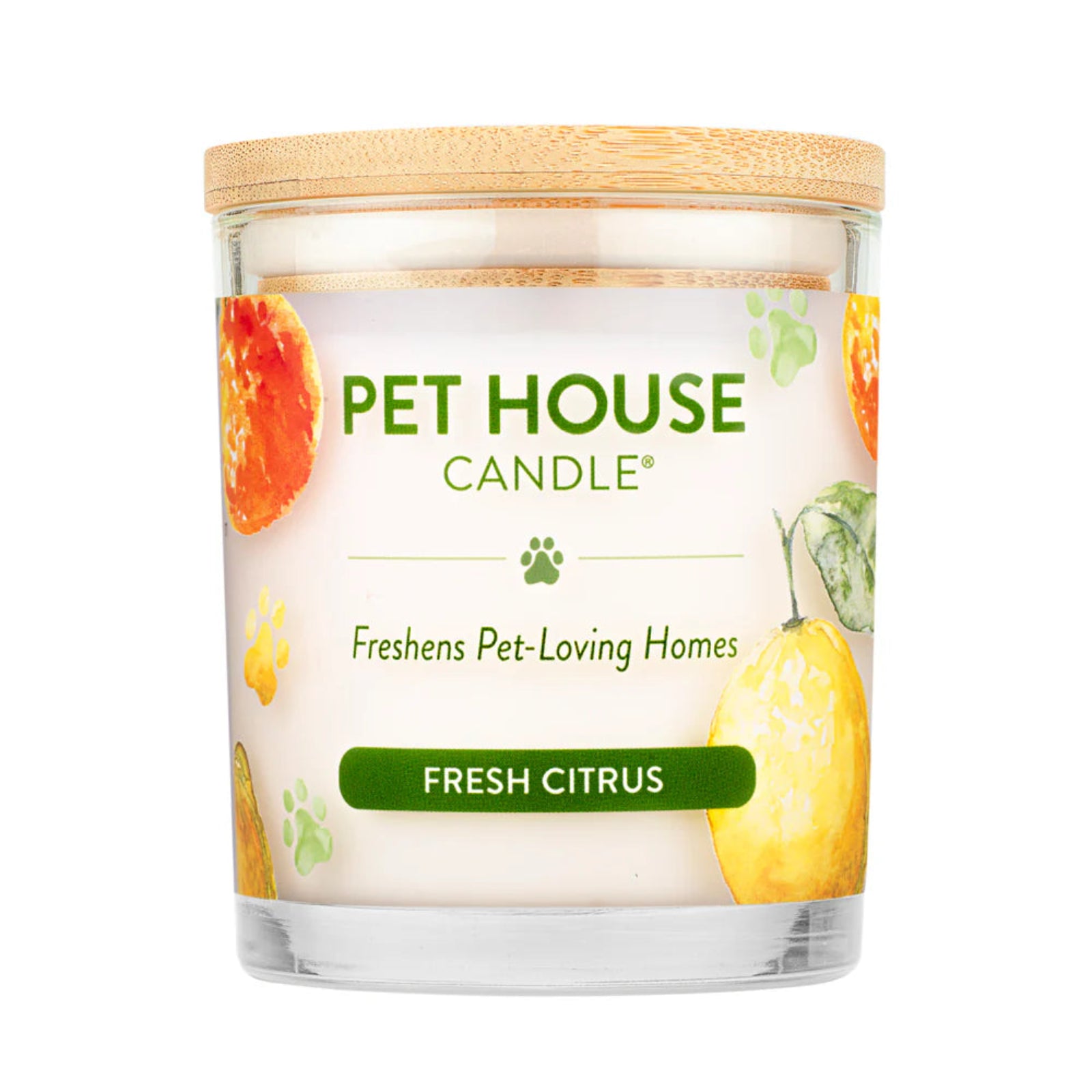 Pet House Candle with 'Fresh Citrus' label on a white background