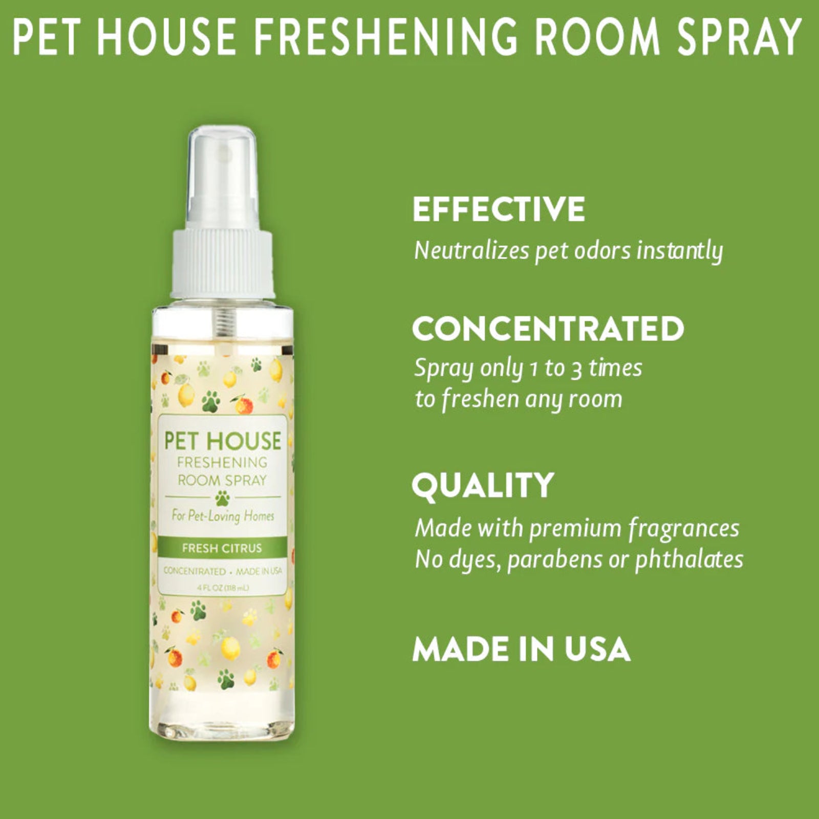 Pet house freshening room spray bottle with green background and text highlighting features.