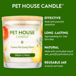 Pet House Candle with features listed on a green background