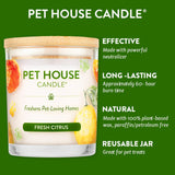 Pet House Candle with features listed on a green background