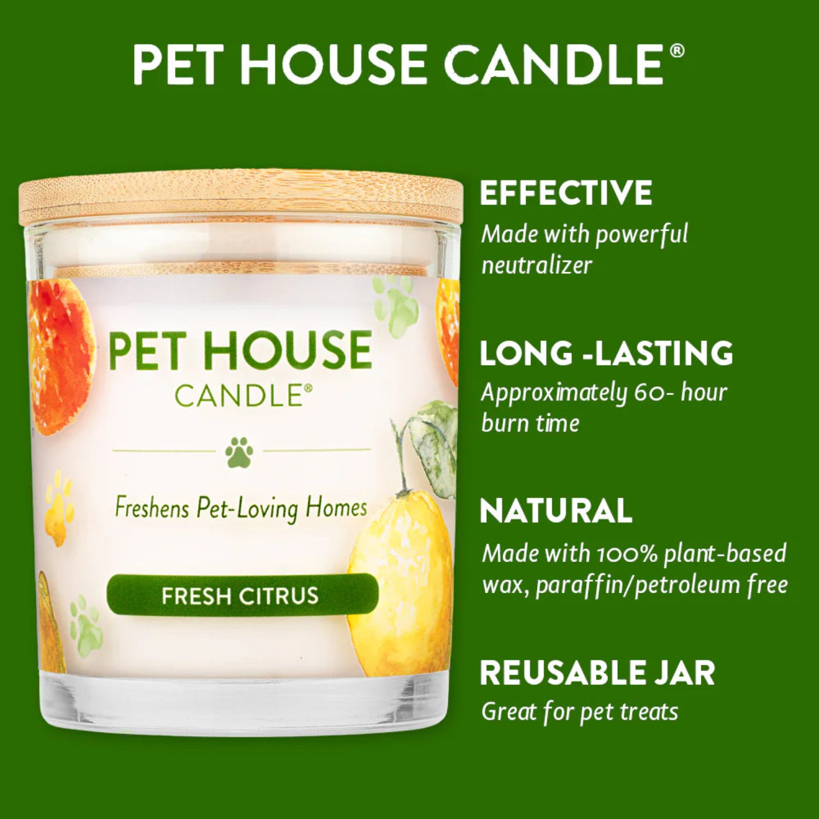 Pet House Candle with features listed on a green background
