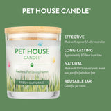 Pet House Candle with features listed on a green background