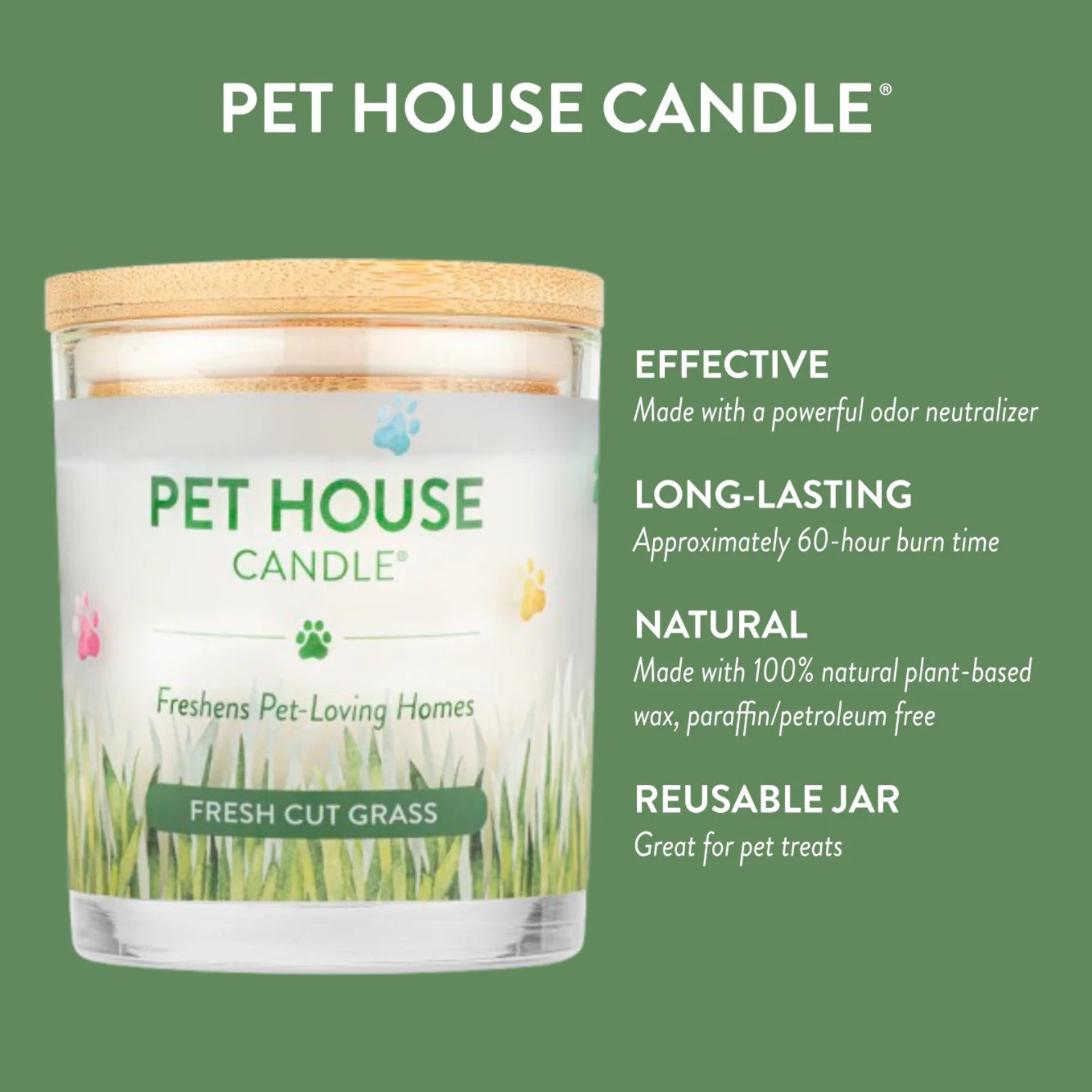 Pet House Candle with features listed on a green background