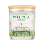 Pet House Candle with 'Fresh Cut Grass' scent on a white background