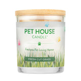 Pet House Candle with 'Fresh Cut Grass' scent on a white background