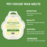 Pet House Wax Melts packaging with green background and product details.