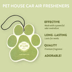 Green paw-shaped pet house car air freshener with 'One Fur All' branding on a light green background.