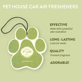 Green paw-shaped pet house car air freshener with 'One Fur All' branding on a light green background.