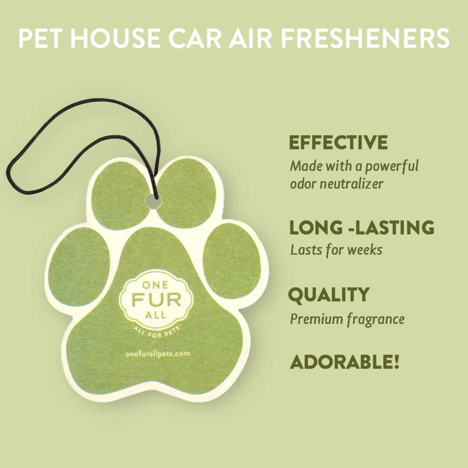 Green paw-shaped pet house car air freshener with 'One Fur All' branding on a light green background.