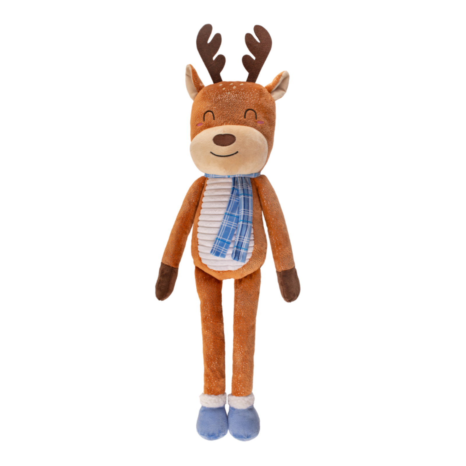 Plush deer toy with a blue scarf on a white background