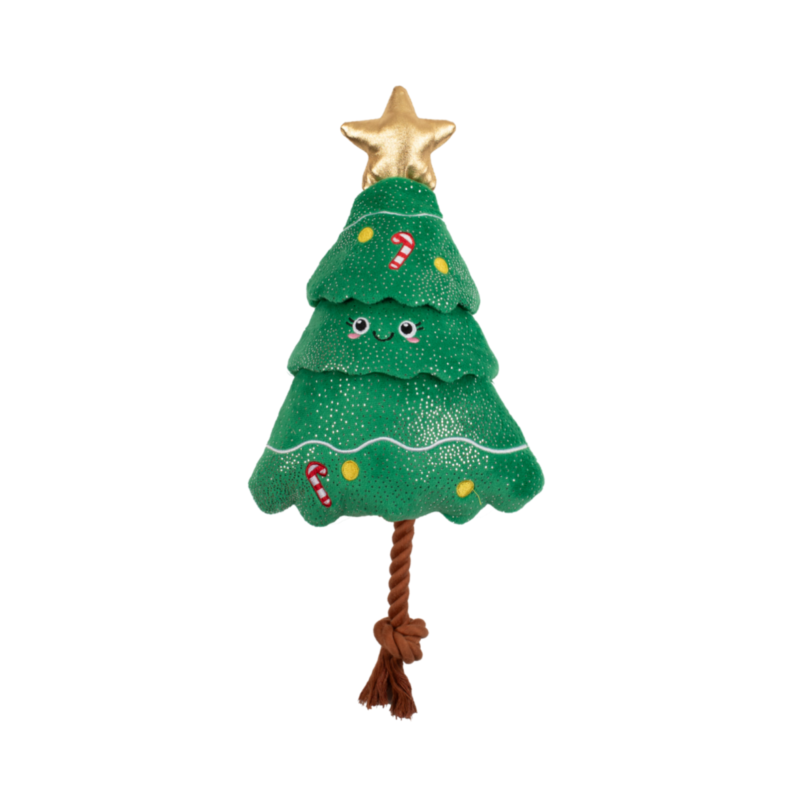 Green plush Christmas tree toy with a gold star on top, candy cane, and question mark decorations on a white background.