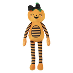 A plush toy doll with a round orange-yellow body, black and orange striped arms and legs, a green stem on its head, and a black bow, shown against a plain white background.