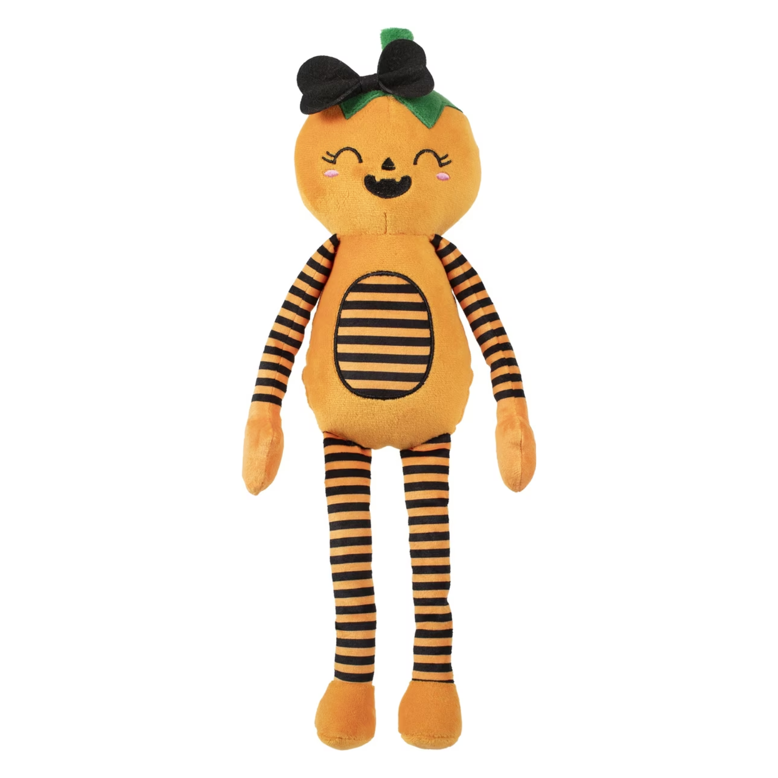 A plush toy doll with a round orange-yellow body, black and orange striped arms and legs, a green stem on its head, and a black bow, shown against a plain white background.