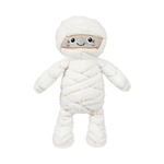 A white plush mummy doll with embroidered eyes, a smiling mouth, pink cheeks, and a gold-trimmed head band, shown against a plain white background.