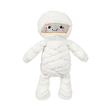 A white plush mummy doll with embroidered eyes, a smiling mouth, pink cheeks, and a gold-trimmed head band, shown against a plain white background.