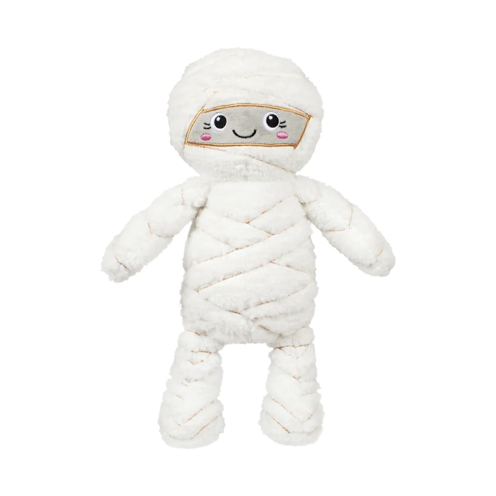 A white plush mummy doll with embroidered eyes, a smiling mouth, pink cheeks, and a gold-trimmed head band, shown against a plain white background.