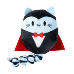 A plush cat toy styled as a vampire, featuring a black and light blue body, a red cape, and a red bow tie, with a striped tail extending to the left, set against a plain white background.