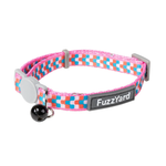 Colorful cat collar with a bell and 'FuzzYard' label on a white background