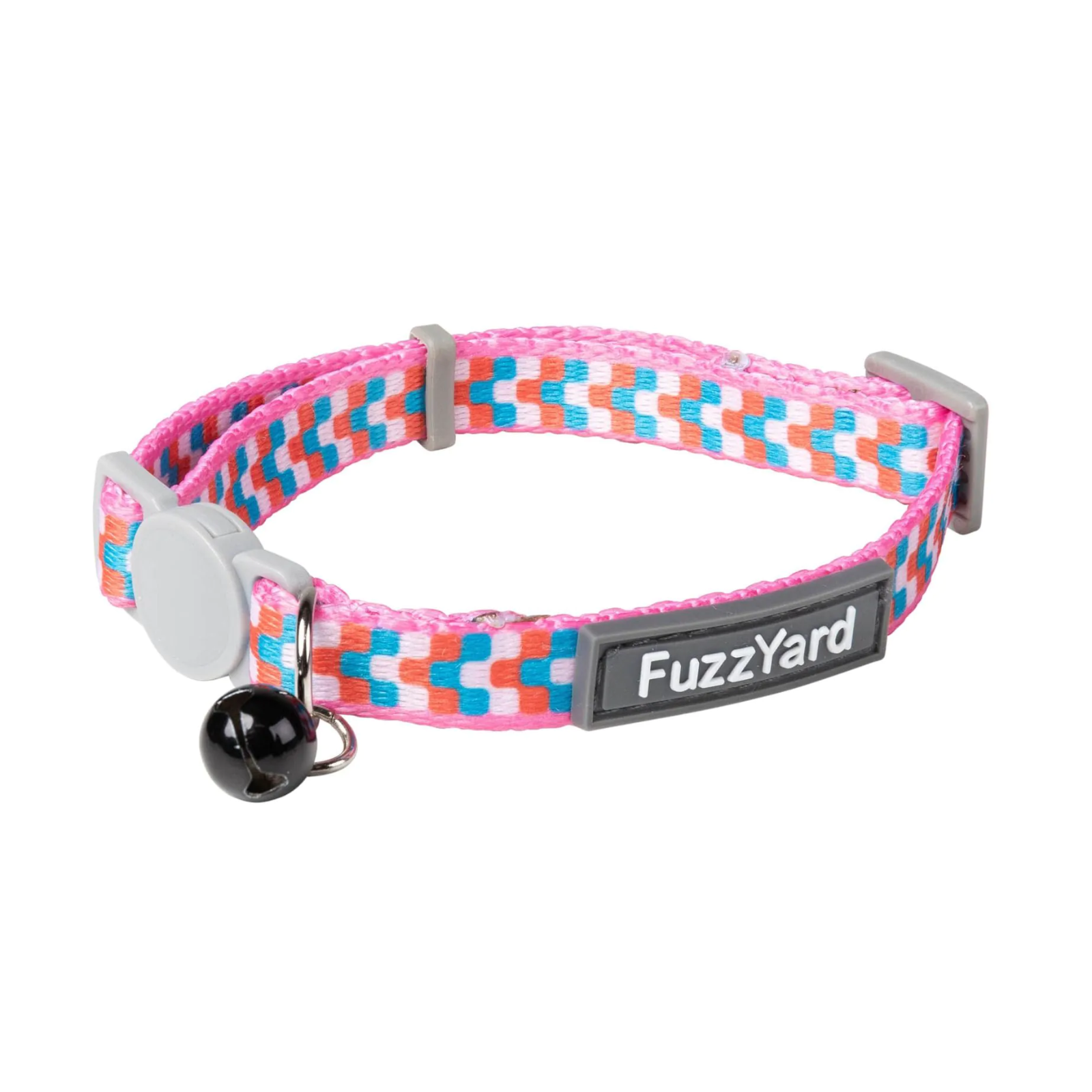 Colorful cat collar with a bell and 'FuzzYard' label on a white background