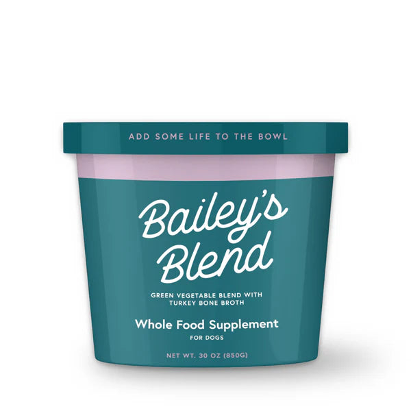 Bailey's Blend whole food supplement container for dogs on a white background
