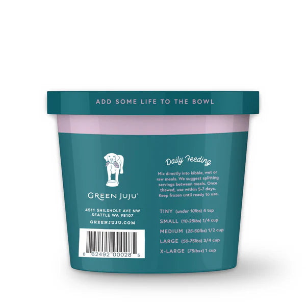 Green Juju pet food container with text on a white background