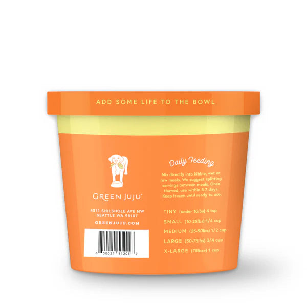 Orange container with 'Green Juju' branding and text on a white background