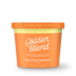 Orange container of Golden Blend whole food supplement for dogs on a white background