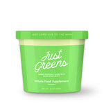 Green container of 'Just Greens' whole food supplement for dogs on a white background