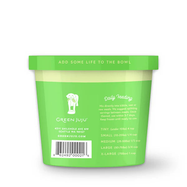 Green Juju pet food container with label on a white background