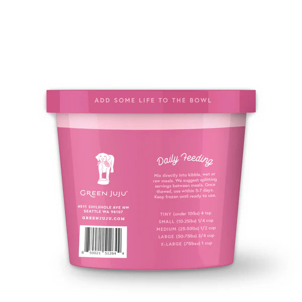 Pink pet food container with label on a white background
