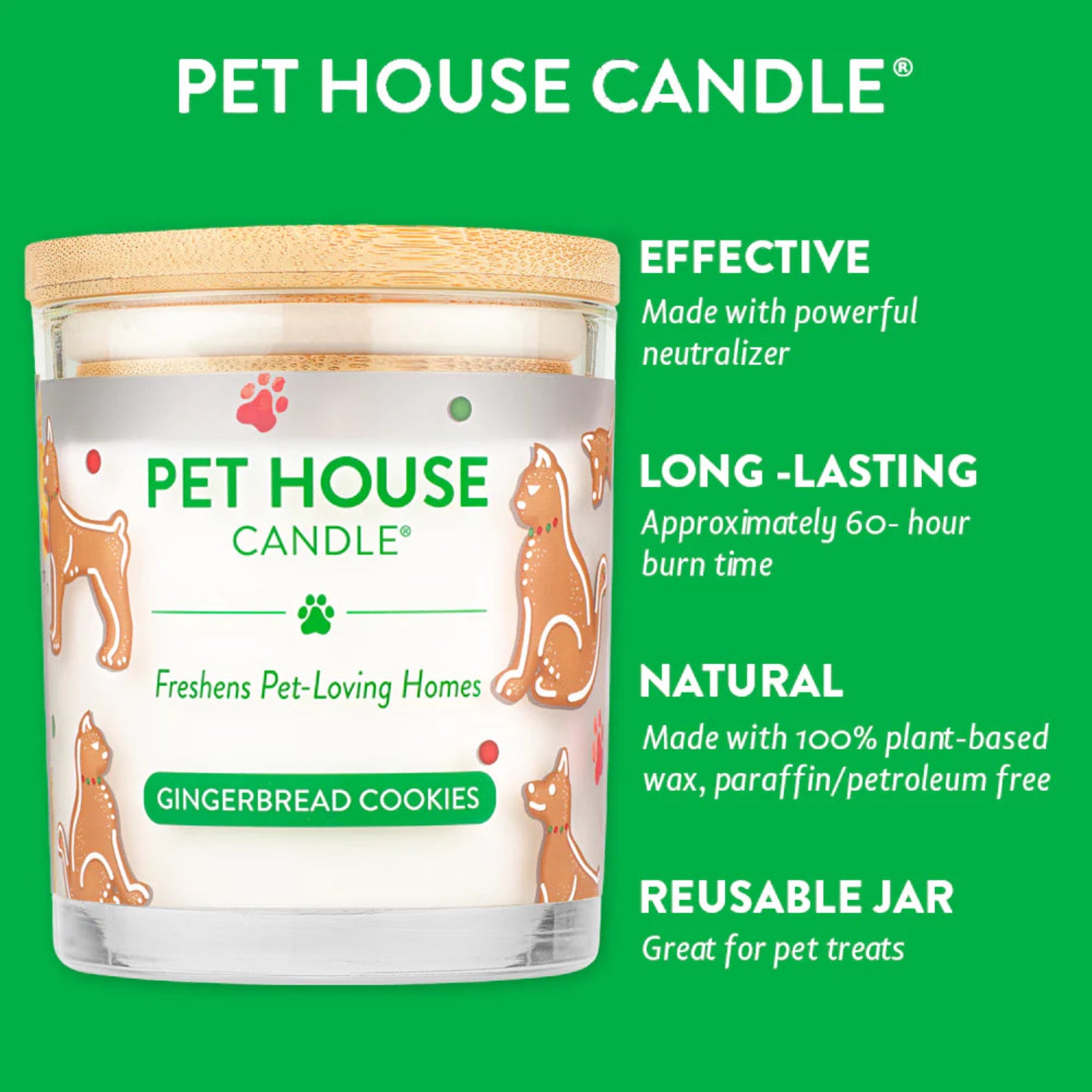 Pet House Candle with gingerbread cookies scent on a green background